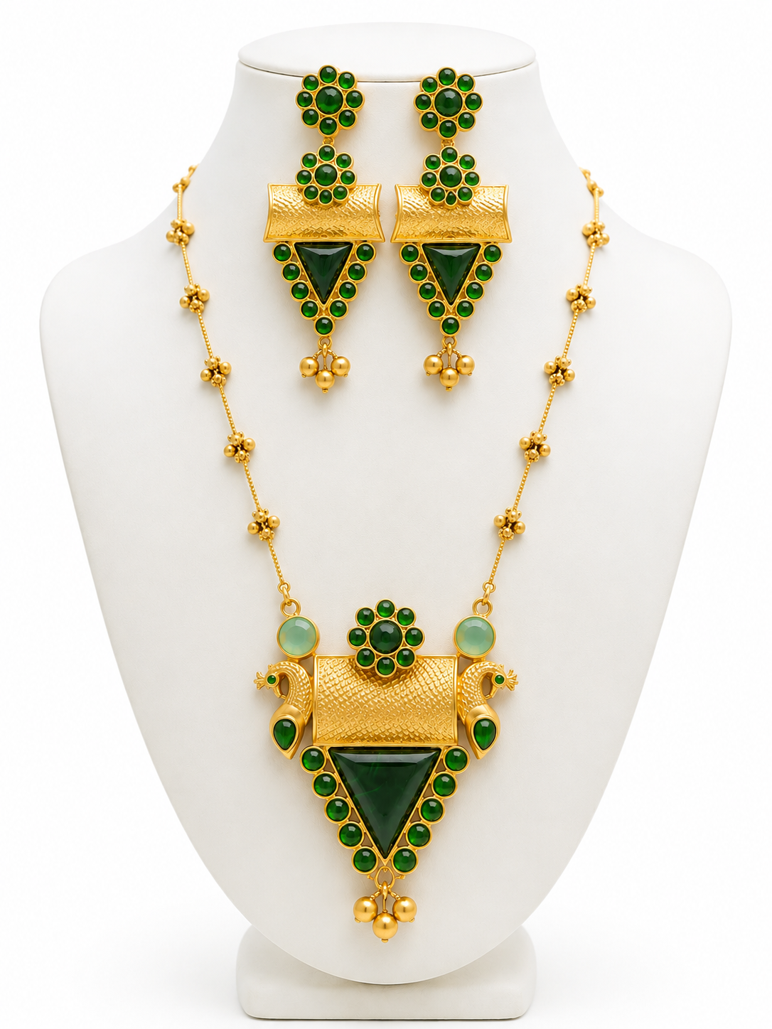Gold Plated Green Stone Temple Style Long Necklace Set with Earrings
