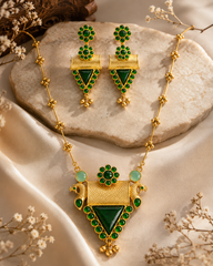 Gold Plated Green Stone Temple Style Long Necklace Set with Earrings