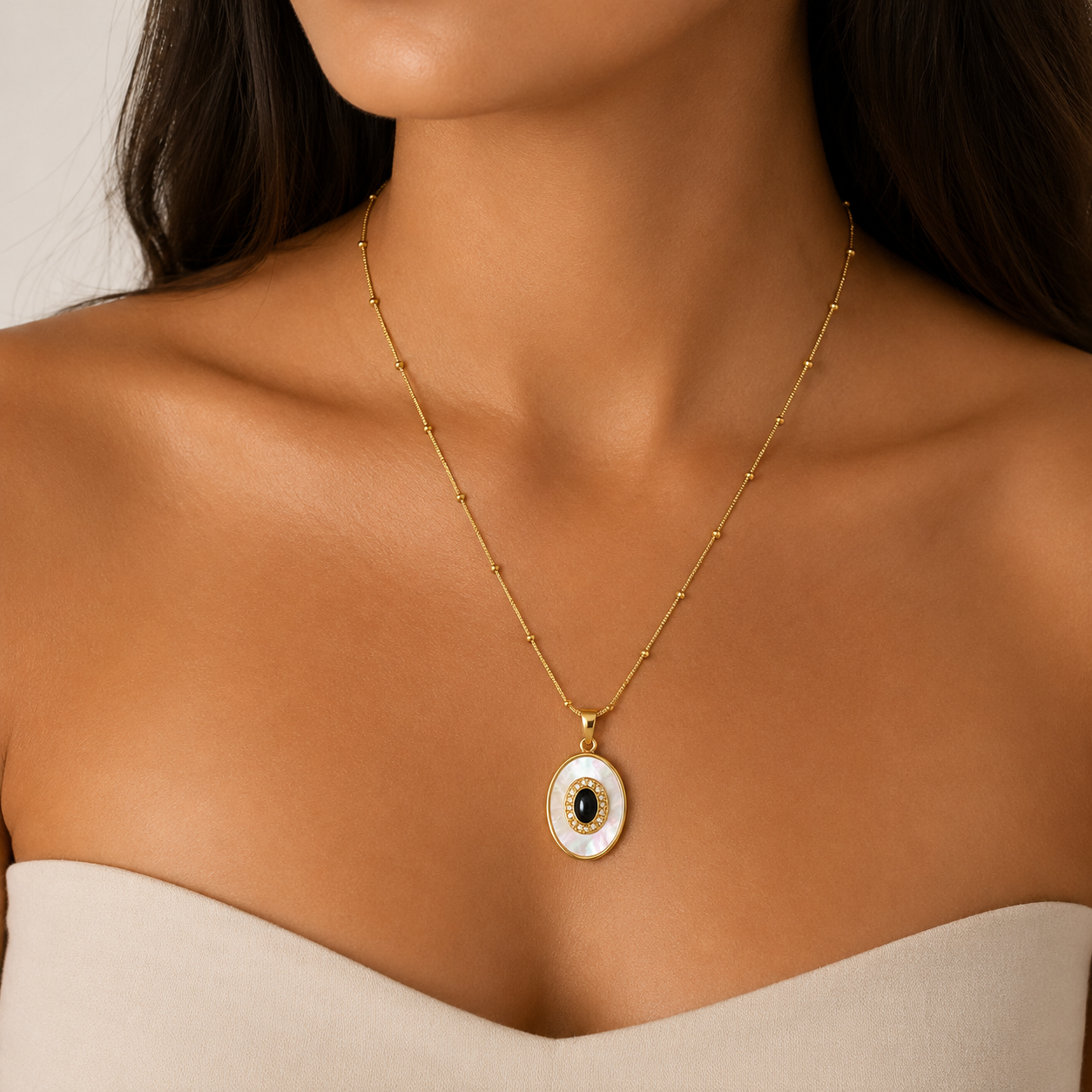 Gold Plated Elegant Pearl Oval Pendant Necklace