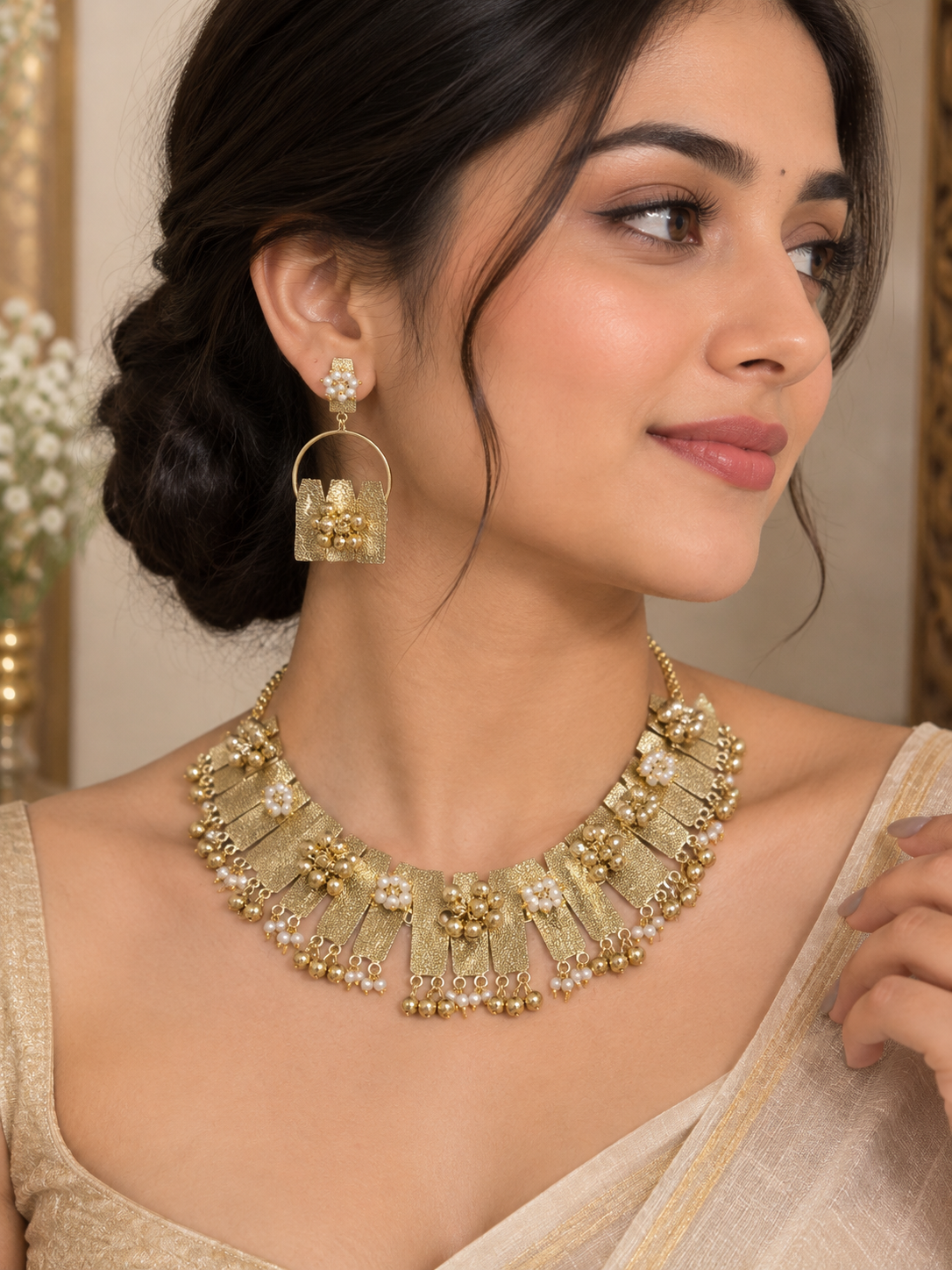 Gold Tone Textured Statement Collar Necklace Set with Pearl Accents for Women