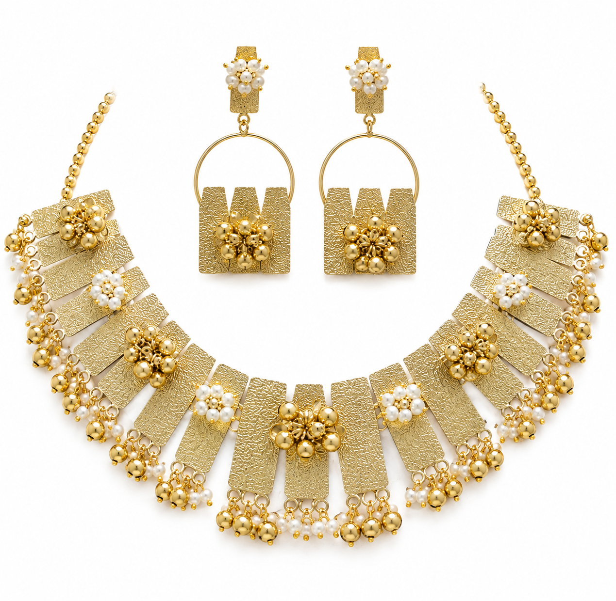 Gold Tone Textured Statement Collar Necklace Set with Pearl Accents for Women