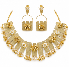 Gold Tone Textured Statement Collar Necklace Set with Pearl Accents for Women