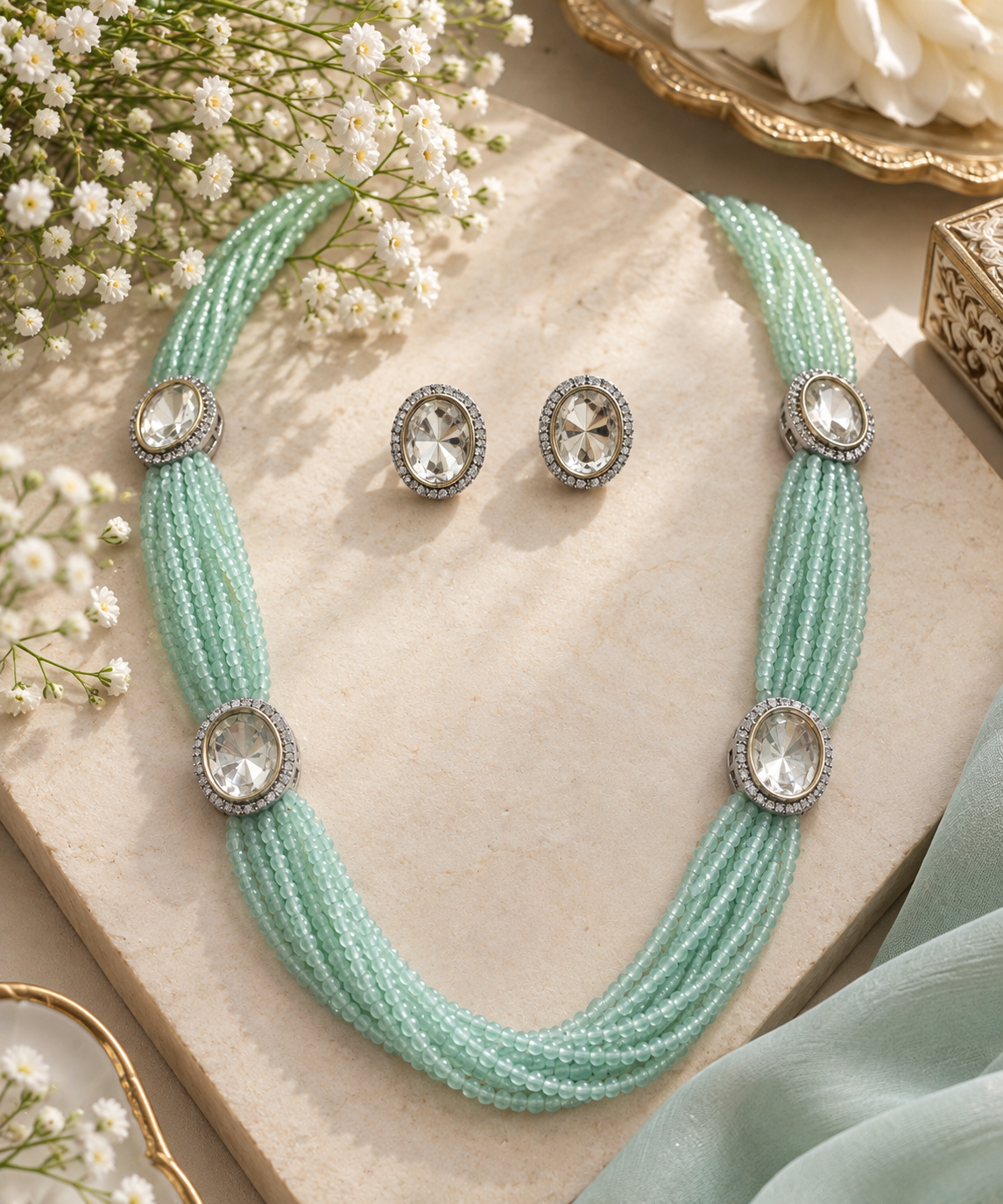 Mint Green Multi-Strand Crystal Beaded Necklace Set for Women