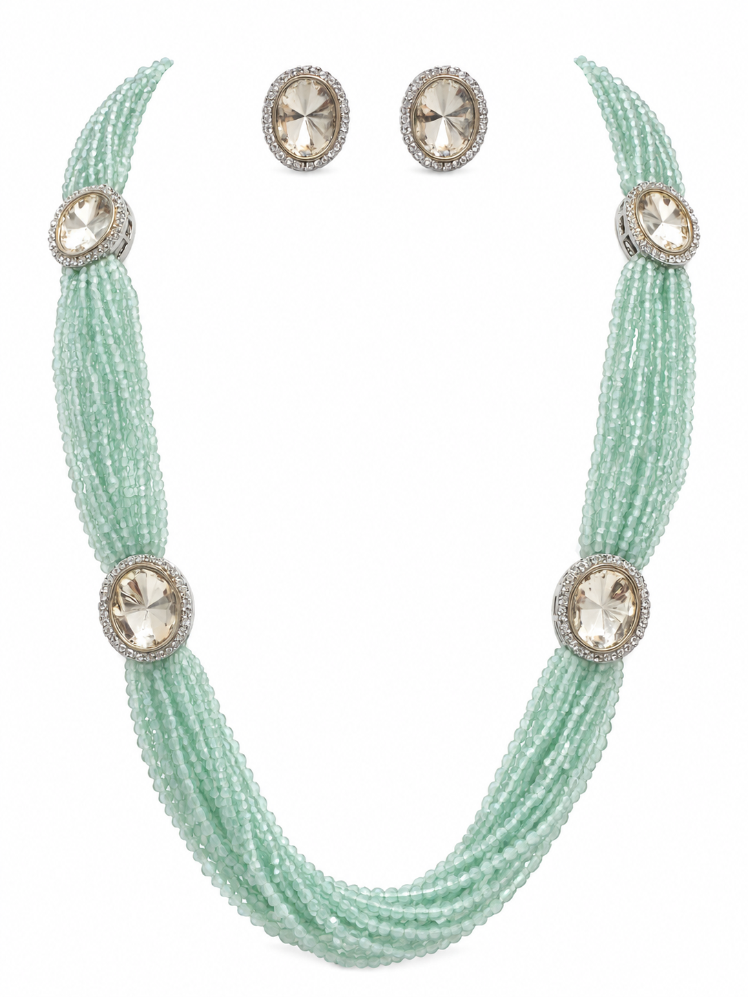 Mint Green Multi-Strand Crystal Beaded Necklace Set for Women