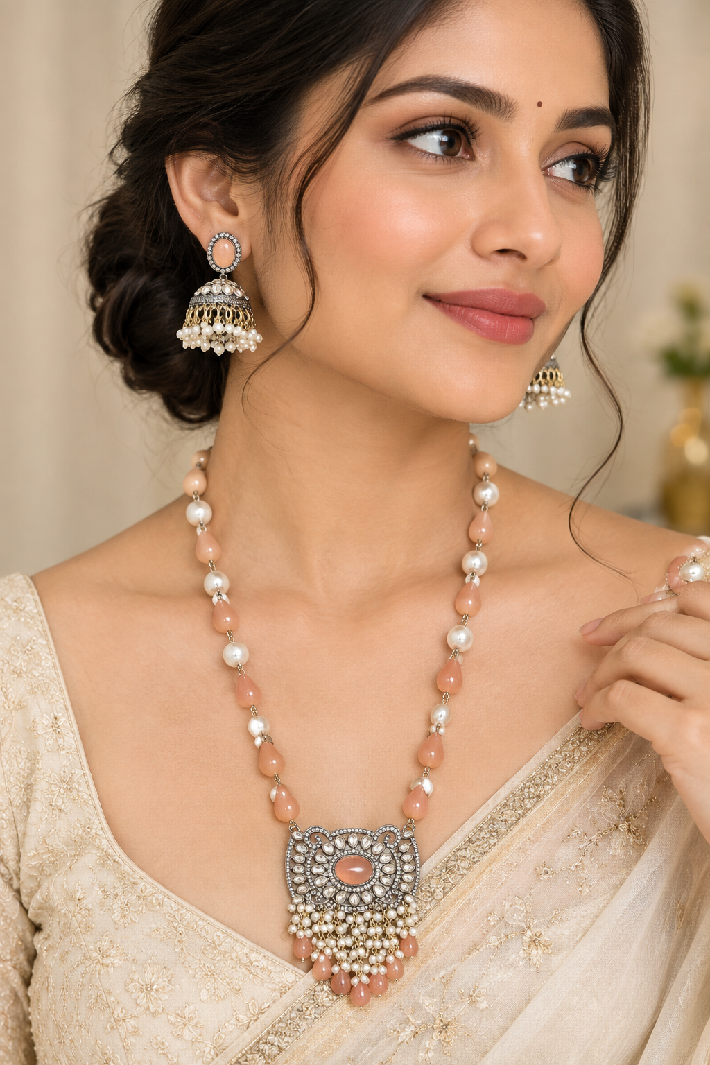 Peach Beaded Pendant Necklace Set with Jhumka Earrings for Women