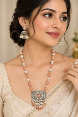 Peach Beaded Pendant Necklace Set with Jhumka Earrings for Women