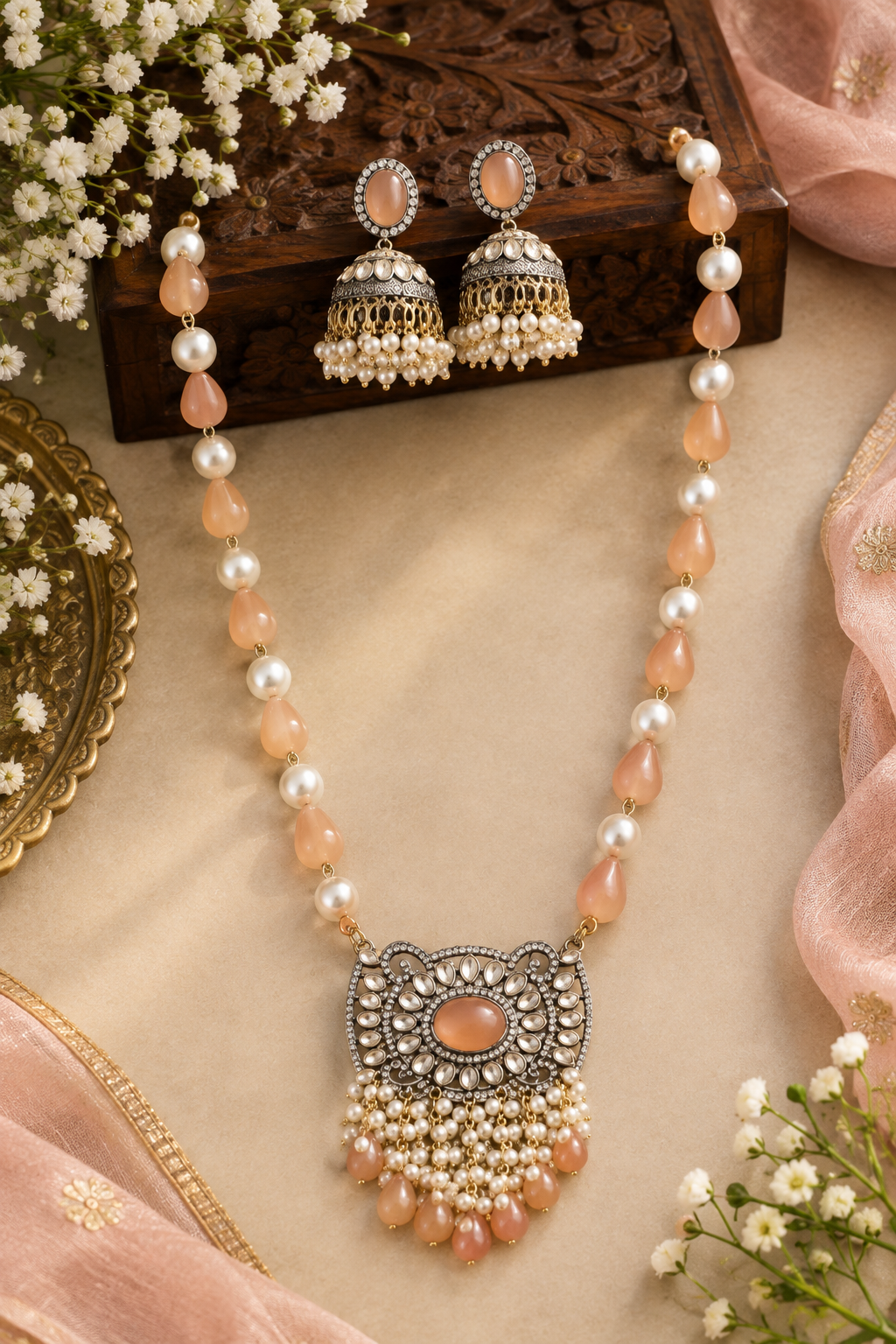 Peach Beaded Pendant Necklace Set with Jhumka Earrings for Women