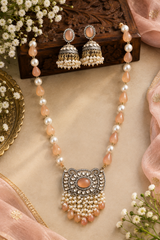 Peach Beaded Pendant Necklace Set with Jhumka Earrings for Women