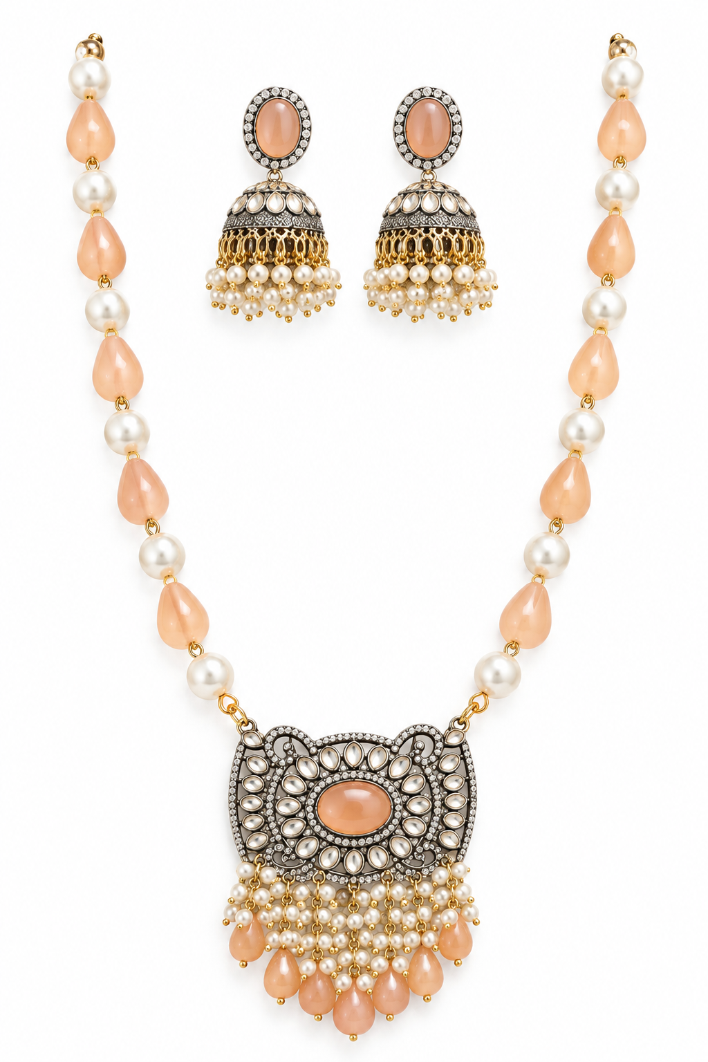 Peach Beaded Pendant Necklace Set with Jhumka Earrings for Women