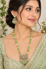 Mint Green Beaded Pendant Necklace Set with Jhumka Earrings for Women