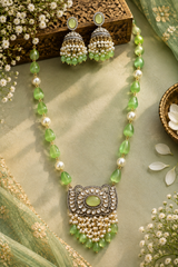 Mint Green Beaded Pendant Necklace Set with Jhumka Earrings for Women