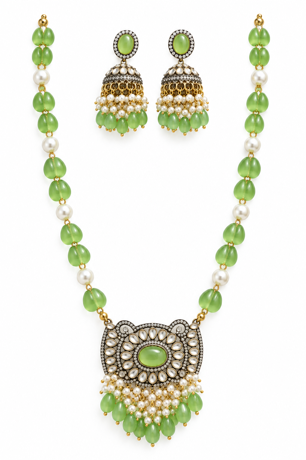 Mint Green Beaded Pendant Necklace Set with Jhumka Earrings for Women