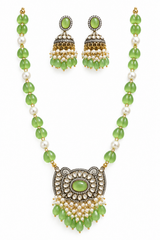 Mint Green Beaded Pendant Necklace Set with Jhumka Earrings for Women