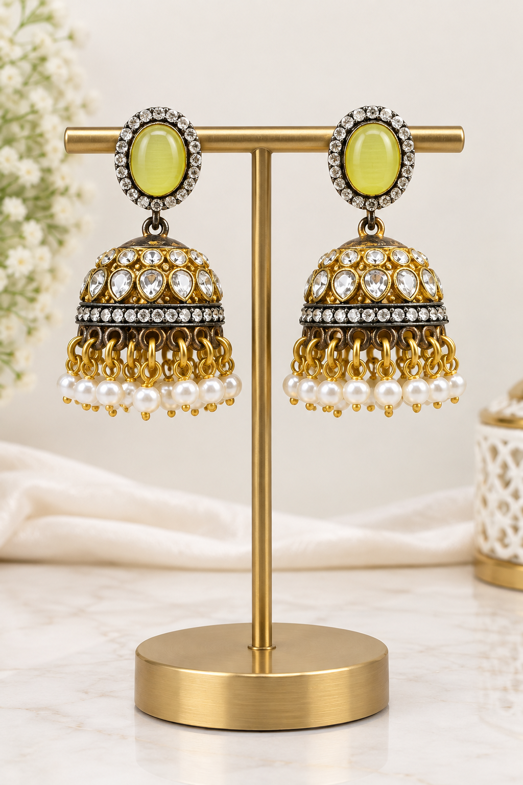 Mint Green Beaded Pendant Necklace Set with Jhumka Earrings for Women