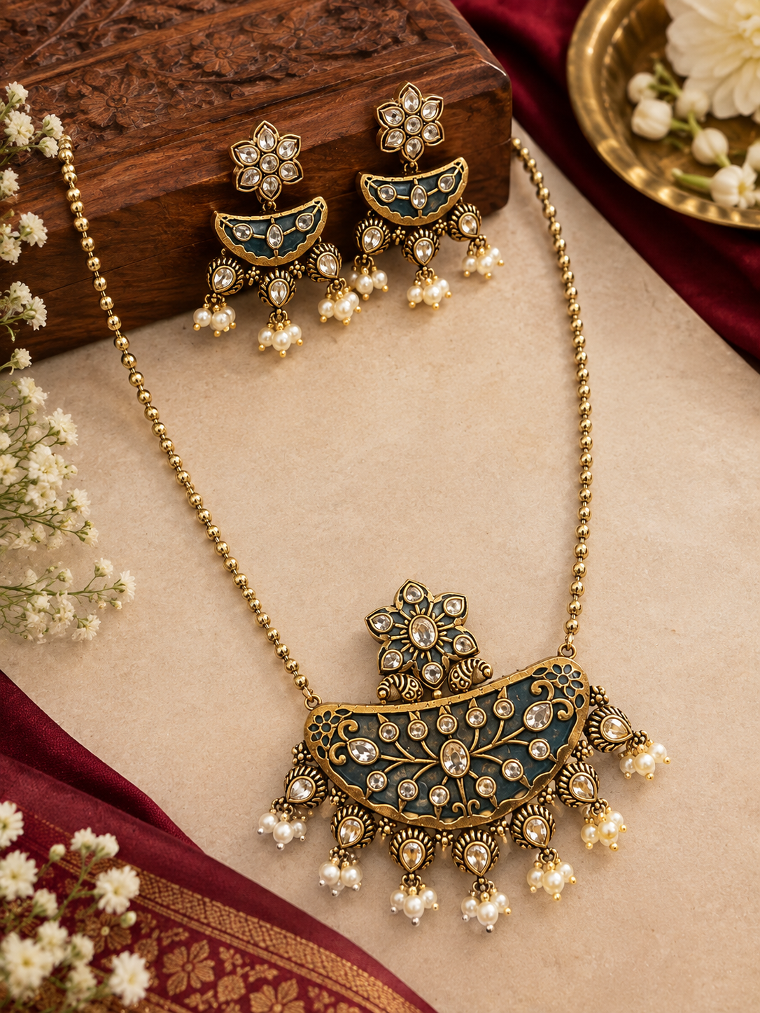Vintage Blue Floral Statement Pendant Necklace Set with Earrings for Women