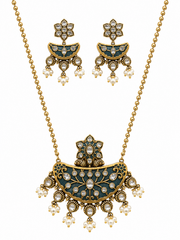 Vintage Blue Floral Statement Pendant Necklace Set with Earrings for Women