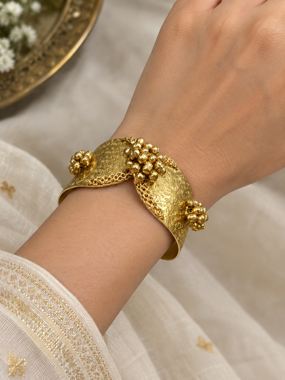 Traditional Antique Gold-Plated Floral Cuff Bracelet for Women