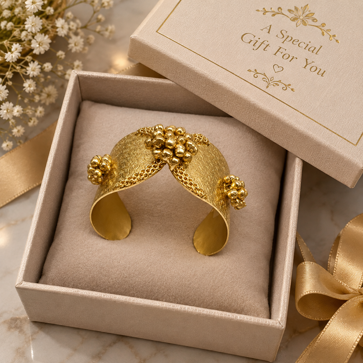 Traditional Antique Gold-Plated Floral Cuff Bracelet for Women