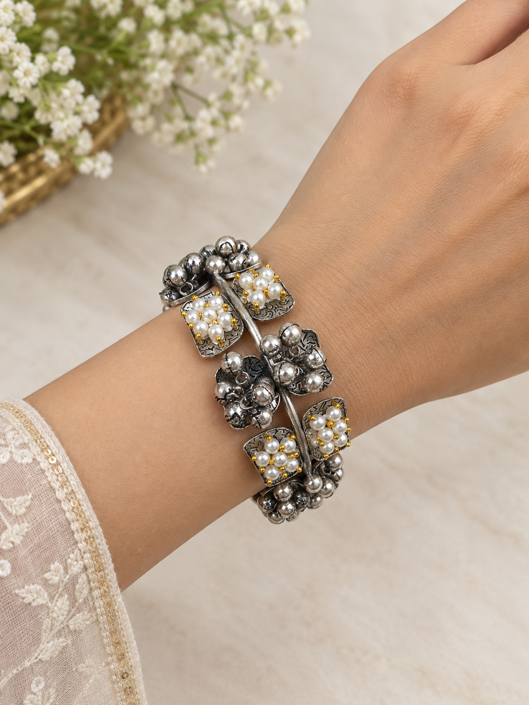 Oxidised Silver Pearl Floral Kada Bracelet for Women Traditional Ethnic Open Cuff Bangle