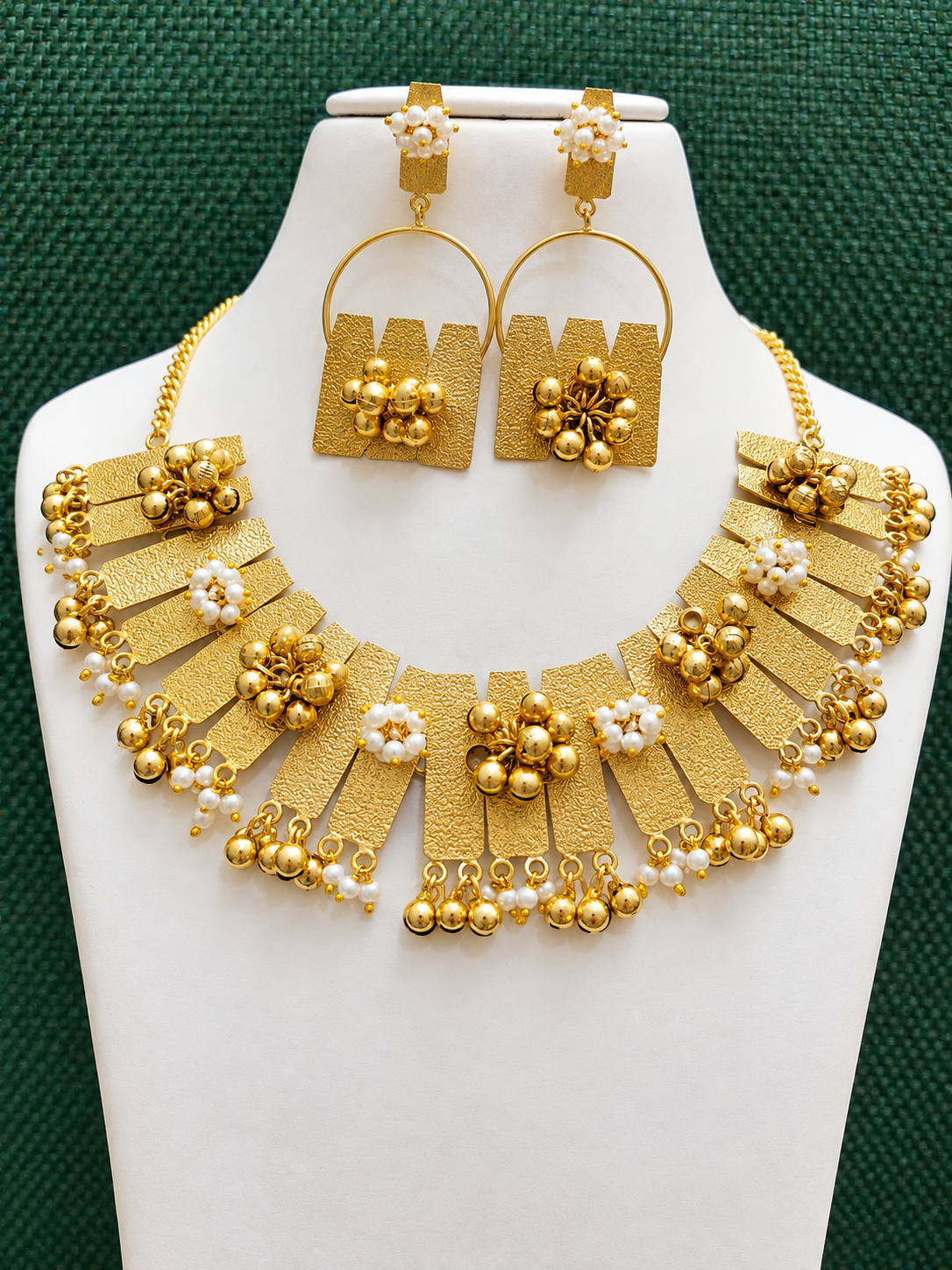 Gold Tone Textured Statement Collar Necklace Set with Pearl Accents for Women