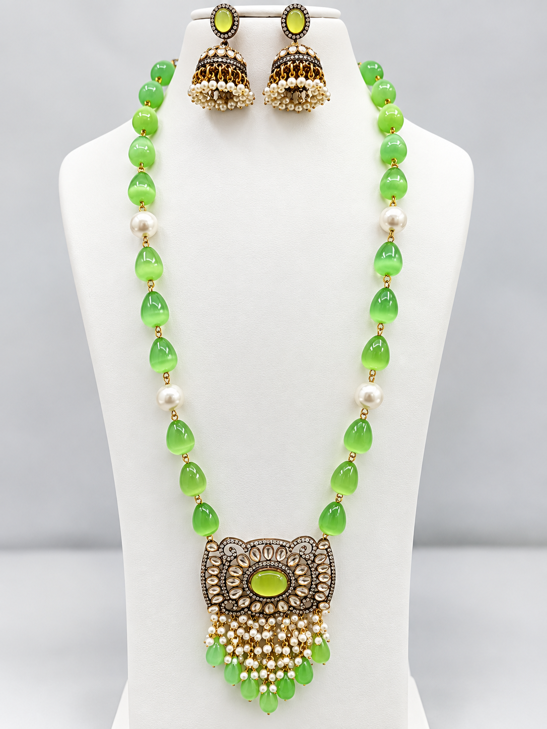 Mint Green Beaded Pendant Necklace Set with Jhumka Earrings for Women