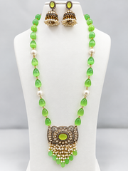 Mint Green Beaded Pendant Necklace Set with Jhumka Earrings for Women