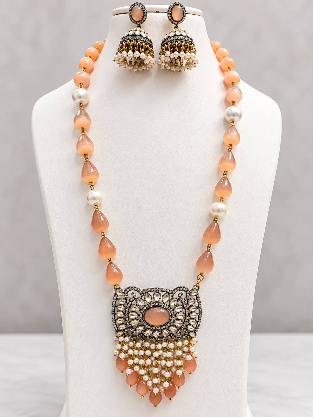 Peach Beaded Pendant Necklace Set with Jhumka Earrings for Women