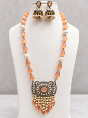 Peach Beaded Pendant Necklace Set with Jhumka Earrings for Women