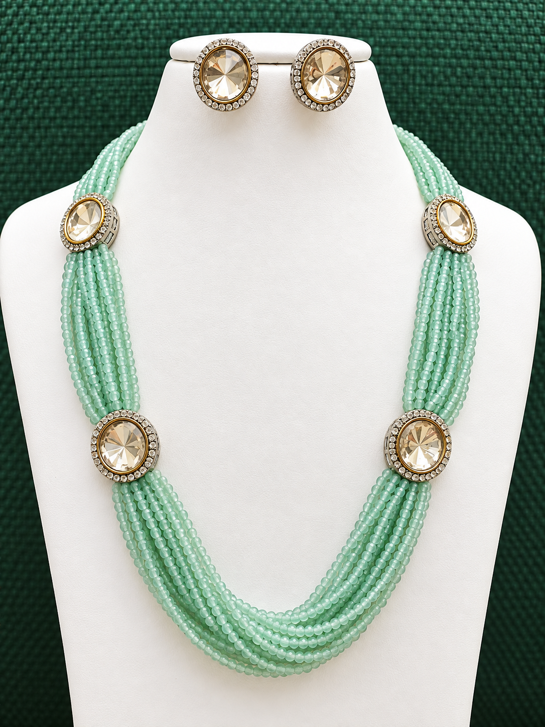 Mint Green Multi-Strand Crystal Beaded Necklace Set for Women