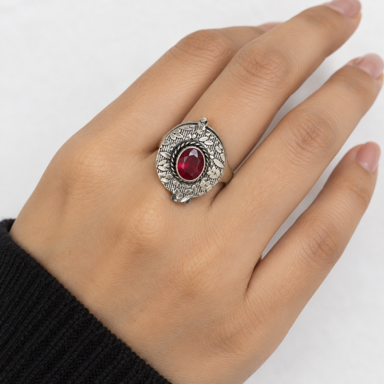 Oxidised Silver Secret Locket  Floral Engraved Openable Ring with Ruby Red Stone Adjustable Finger Ring for Women