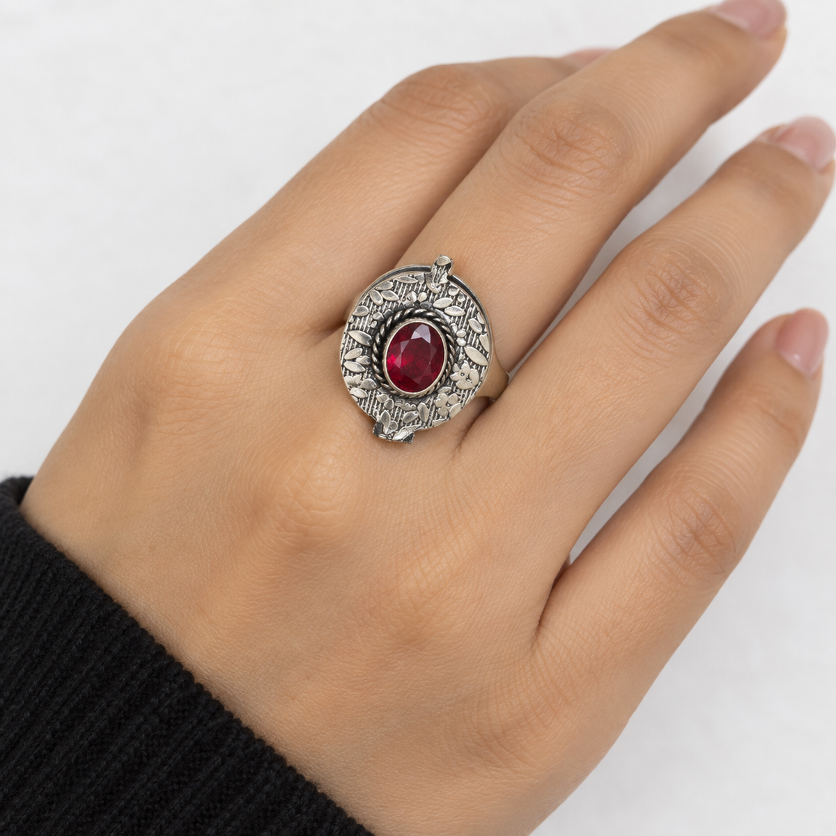 Oxidised Silver Secret Locket  Floral Engraved Openable Ring with Ruby Red Stone Adjustable Finger Ring for Women