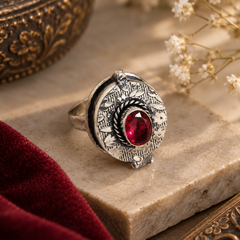 Oxidised Silver Secret Locket  Floral Engraved Openable Ring with Ruby Red Stone Adjustable Finger Ring for Women
