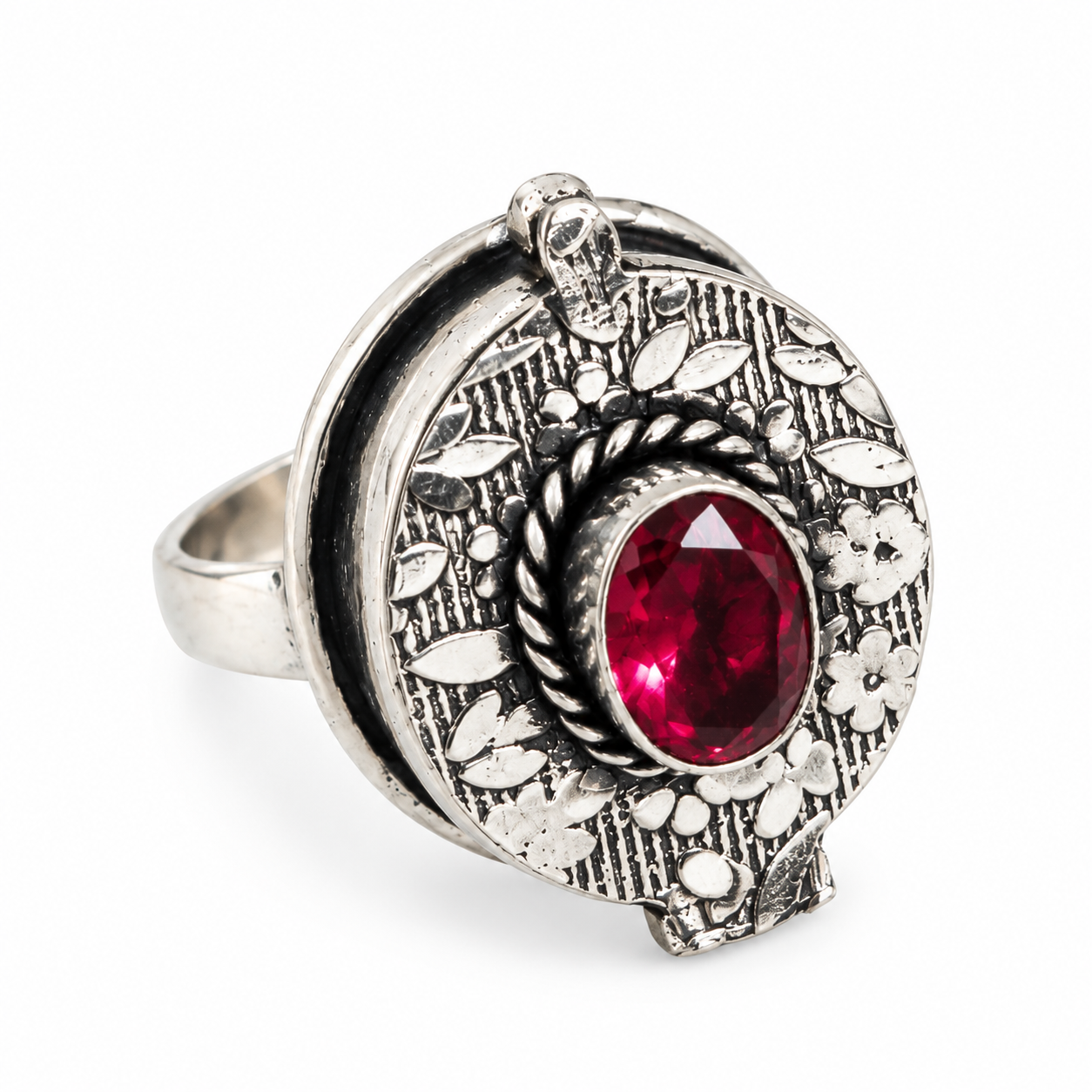 Oxidised Silver Secret Locket  Floral Engraved Openable Ring with Ruby Red Stone Adjustable Finger Ring for Women