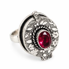 Oxidised Silver Secret Locket  Floral Engraved Openable Ring with Ruby Red Stone Adjustable Finger Ring for Women