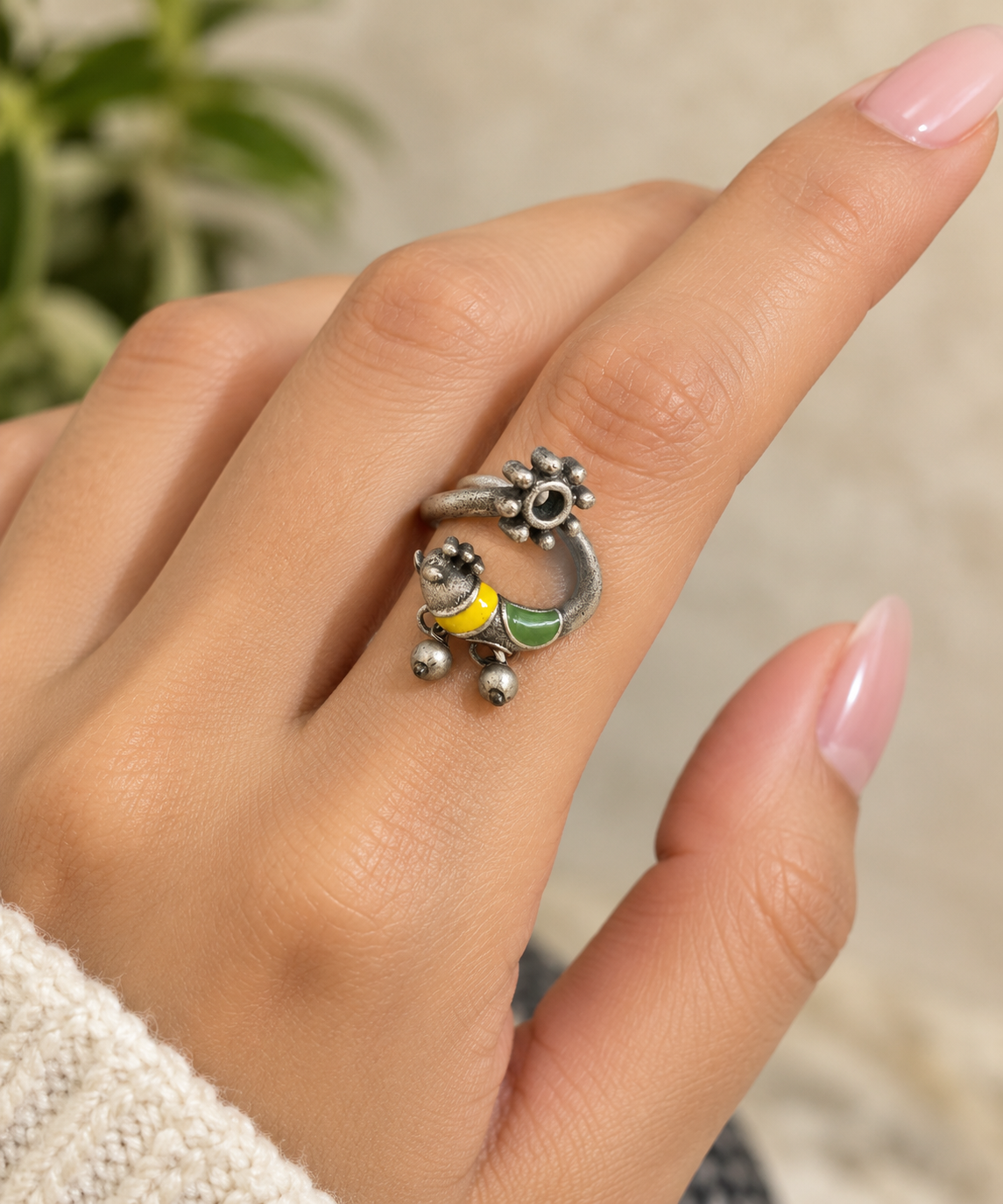 Oxidised Peacock Adjustable Finger Ring Handcrafted Ethnic Statement Ring with Ghungroo Accents for Women & Girls