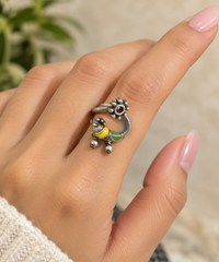 Oxidised Peacock Adjustable Finger Ring Handcrafted Ethnic Statement Ring with Ghungroo Accents for Women & Girls