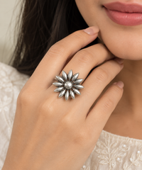 Floral Sunburst Oxidised Silver Adjustable Statement Ring for Women & Girls