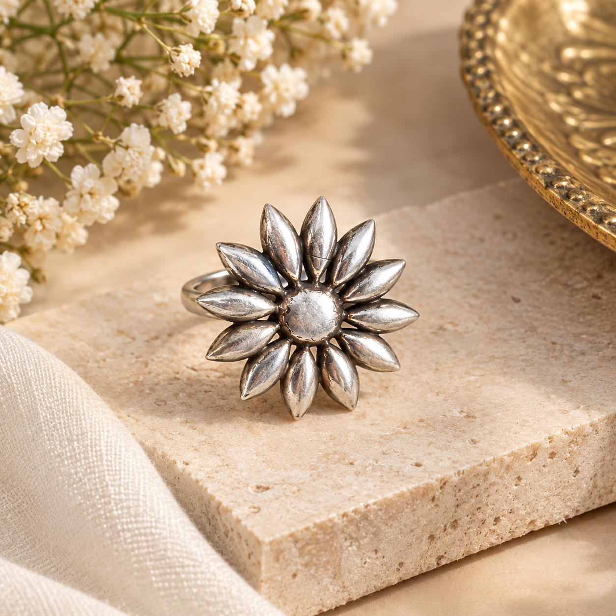 Floral Sunburst Oxidised Silver Adjustable Statement Ring for Women & Girls