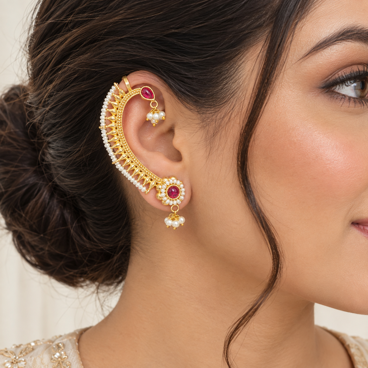 Traditional Pearl & Ruby Stone Earcuff Earrings for Women | Gold Plated Bridal Ear Cuff with Pearl Drops