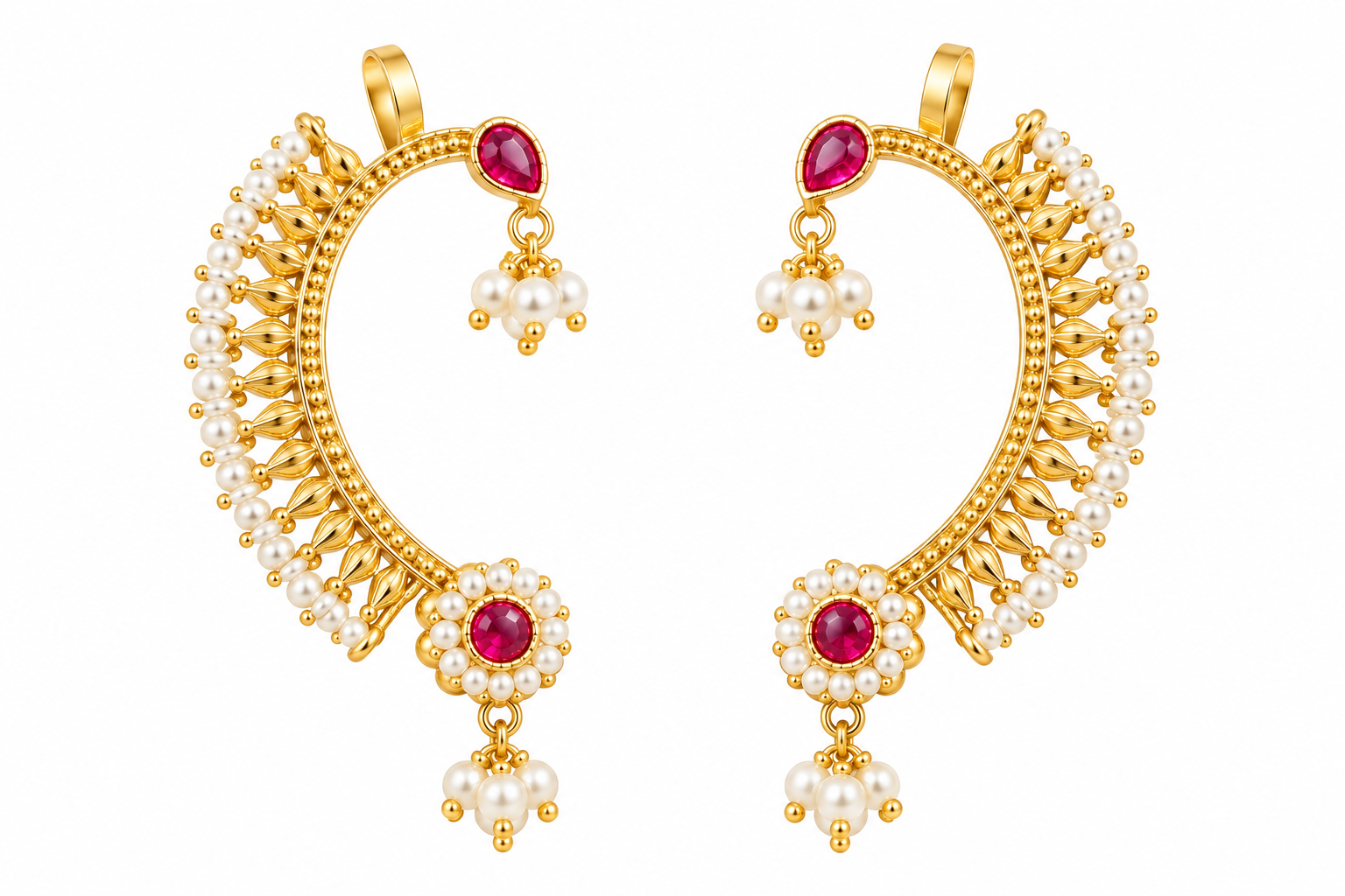 Traditional Pearl & Ruby Stone Earcuff Earrings for Women | Gold Plated Bridal Ear Cuff with Pearl Drops