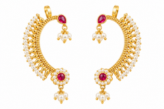 Traditional Pearl & Ruby Stone Earcuff Earrings for Women | Gold Plated Bridal Ear Cuff with Pearl Drops