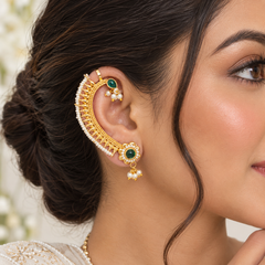Traditional Pearl & Green Stone Gold Plated Bridal Ear Cuff with Pearl Drops Earrings for Women
