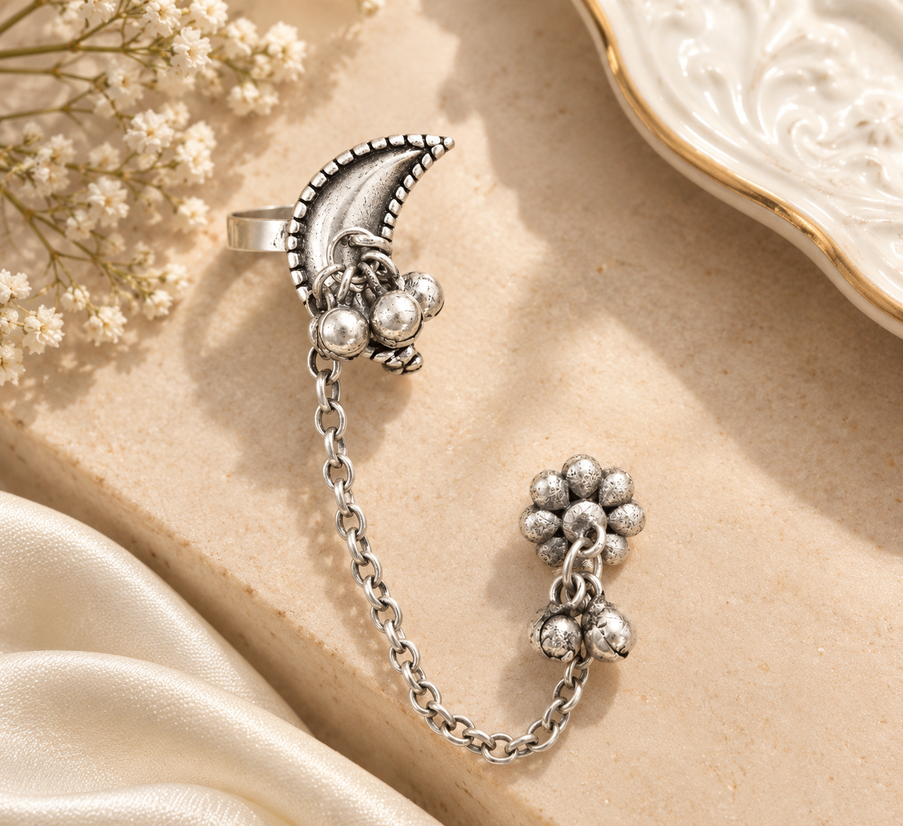 Oxidised Silver Moon  Tribal Ear Cuff Chain Earrings for Women & Girls