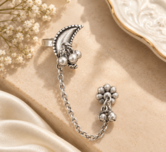Oxidised Silver Moon  Tribal Ear Cuff Chain Earrings for Women & Girls