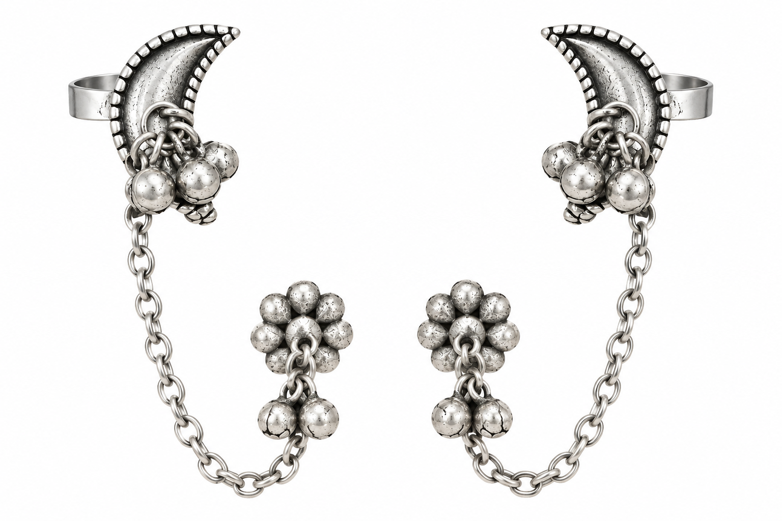 Oxidised Silver Moon  Tribal Ear Cuff Chain Earrings for Women & Girls