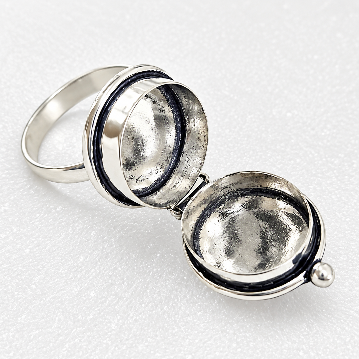 Oxidised Silver Secret Locket  Floral Engraved Openable Ring with Ruby Red Stone Adjustable Finger Ring for Women