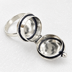 Oxidised Silver Secret Locket  Floral Engraved Openable Ring with Ruby Red Stone Adjustable Finger Ring for Women