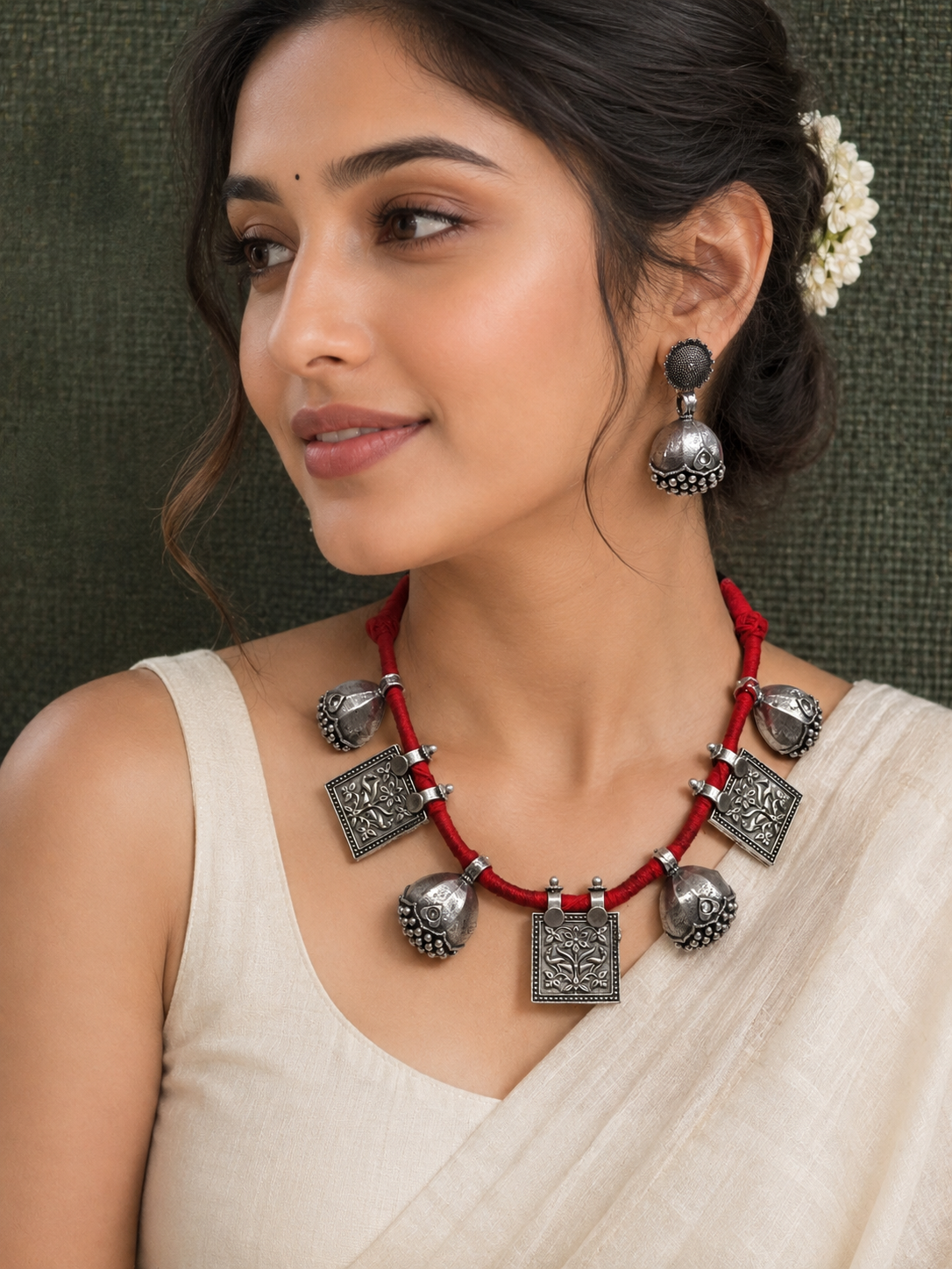 Oxidized Silver Tribal Choker Necklace & Jhumka Earrings Set