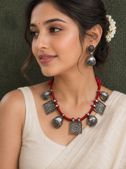 Oxidized Silver Tribal Choker Necklace & Jhumka Earrings Set