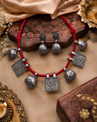 Oxidized Silver Tribal Choker Necklace & Jhumka Earrings Set